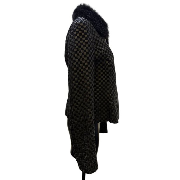 Metro Style Black Leather Jacket With Faux Fur Collar & Checkered Design M - Picture 3 of 9
